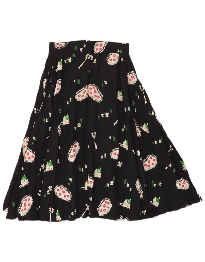 Vintage Kvinders Flared Nederdel W28 Medium Black Floral