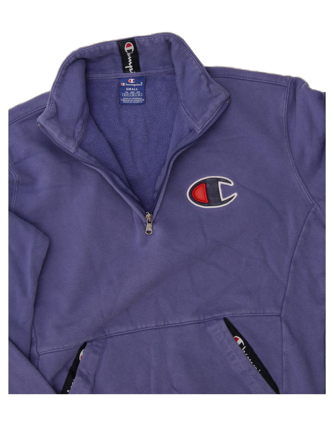 CHAMPION Mens Graphic Zip Neck Sweatshirt Jumper Small Purple Cotton Vintage Champion and Second-Hand Champion from Messina Hembry 