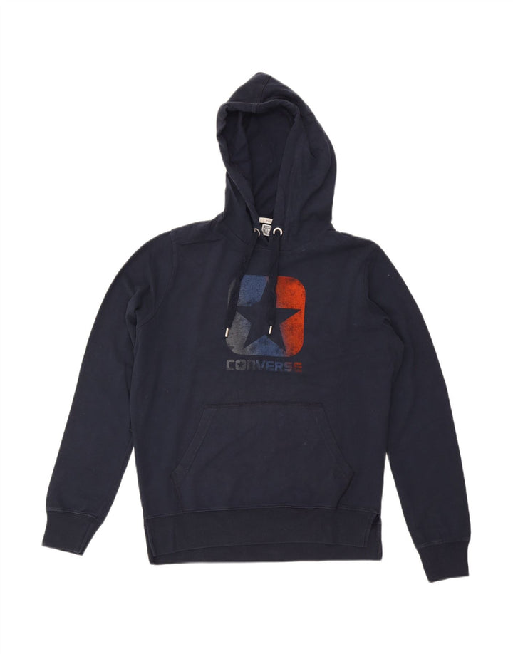 CONVERSE Mens Graphic Hoodie Jumper Small Navy Blue Cotton