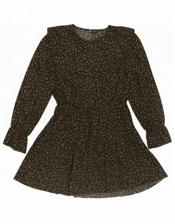 Zara Dame Langærmet A-Line Kjole UK 16 Large Black Animal Print