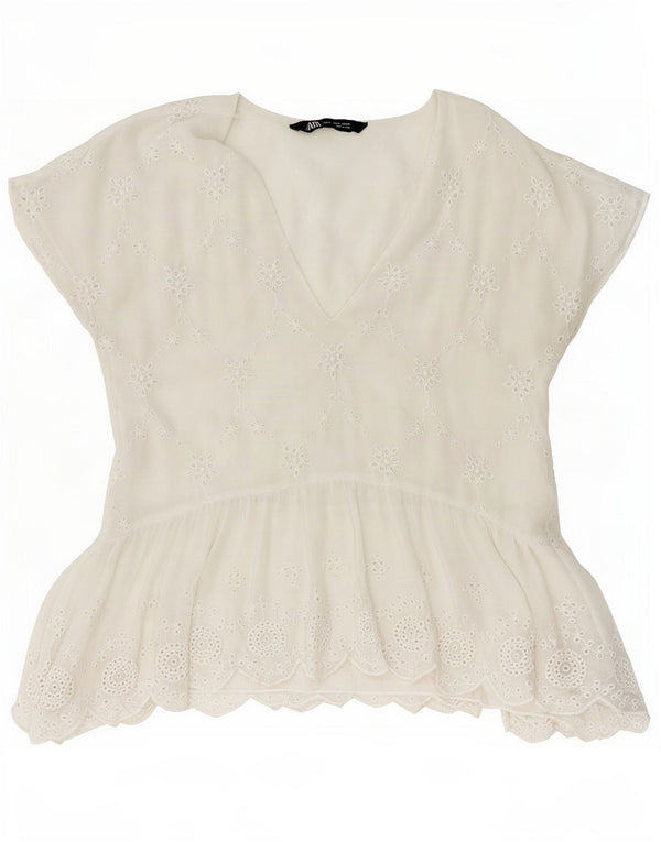 Zara Dame Bluse Top UK 10 Small White Floral