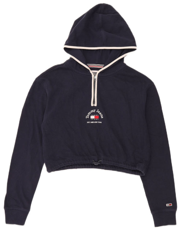 Tommy Hilfiger Dame Crop Grafisk Hoodie Jumper UK 6 XS Marineblå Bomuld