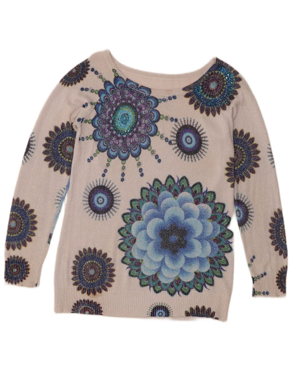Desigual Dame Boat Neck Jumper Sweater UK 12 Medium Off White Floral