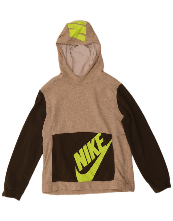 Nike Boys Graphic Hoodie Jumper 13-14 Years XL Beige Colourblock Cotton