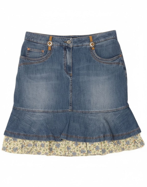 Luisa Spagnoli Dame Denim Tiered Skirt IT 44 Medium W32 Blue Floral
