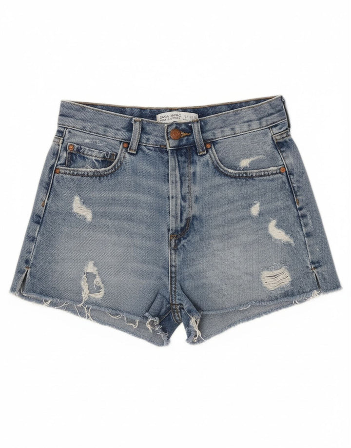 Zara Womens Distressed Denim Shorts EU 34 2XS W24 Blå