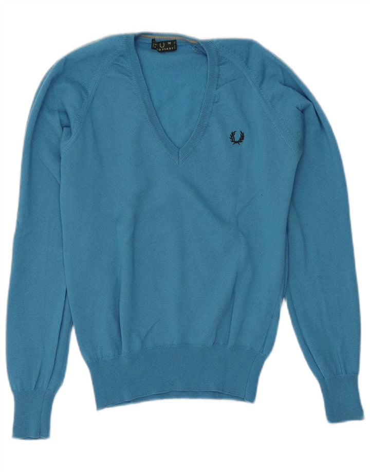 Fred Perry Dame V-hals sweater UK 12 Medium Blue Wool