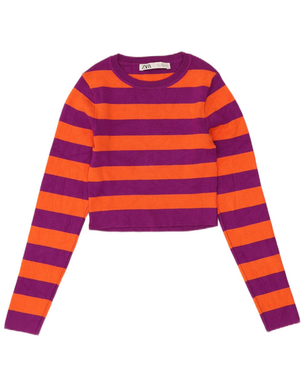 ZARA Womens Crop Boat Neck Jumper Sweater UK 8 Small Purple Striped