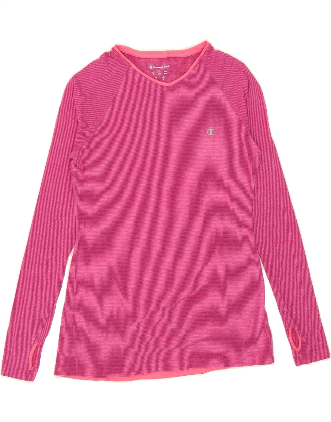 CHAMPION Womens Top Long Sleeve UK 12 Medium Pink Pinstripe Polyester Vintage Champion and Second-Hand Champion from Messina Hembry 