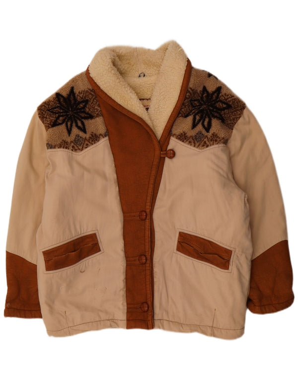 Vintage Dame Oversized Sherpa Jacket UK 18 XL Beige Fair Isle Polyester