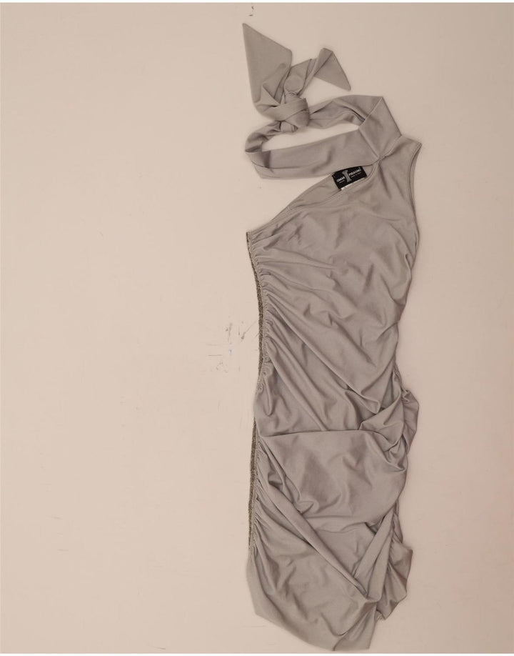 Vintage Kvinder One Shoulder Kjole UK 12 Medium Sølv Polyamid