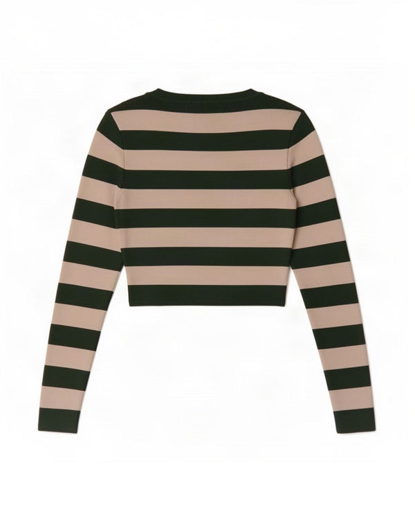 Zara Dame Crop Top Langærmet UK 8 Lille Grøn Stribet Viscose