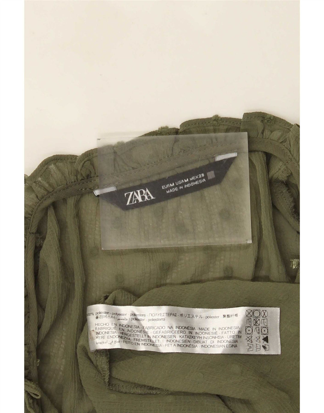 Zara Dame Gennemsigtig 3/4-ærmet bluse Top UK 14 Medium Khaki Plettet
