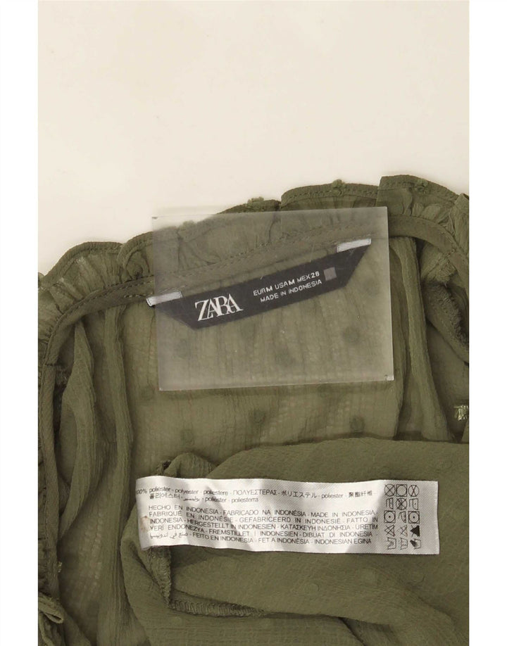 Zara Dame Gennemsigtig 3/4-ærmet bluse Top UK 14 Medium Khaki Plettet
