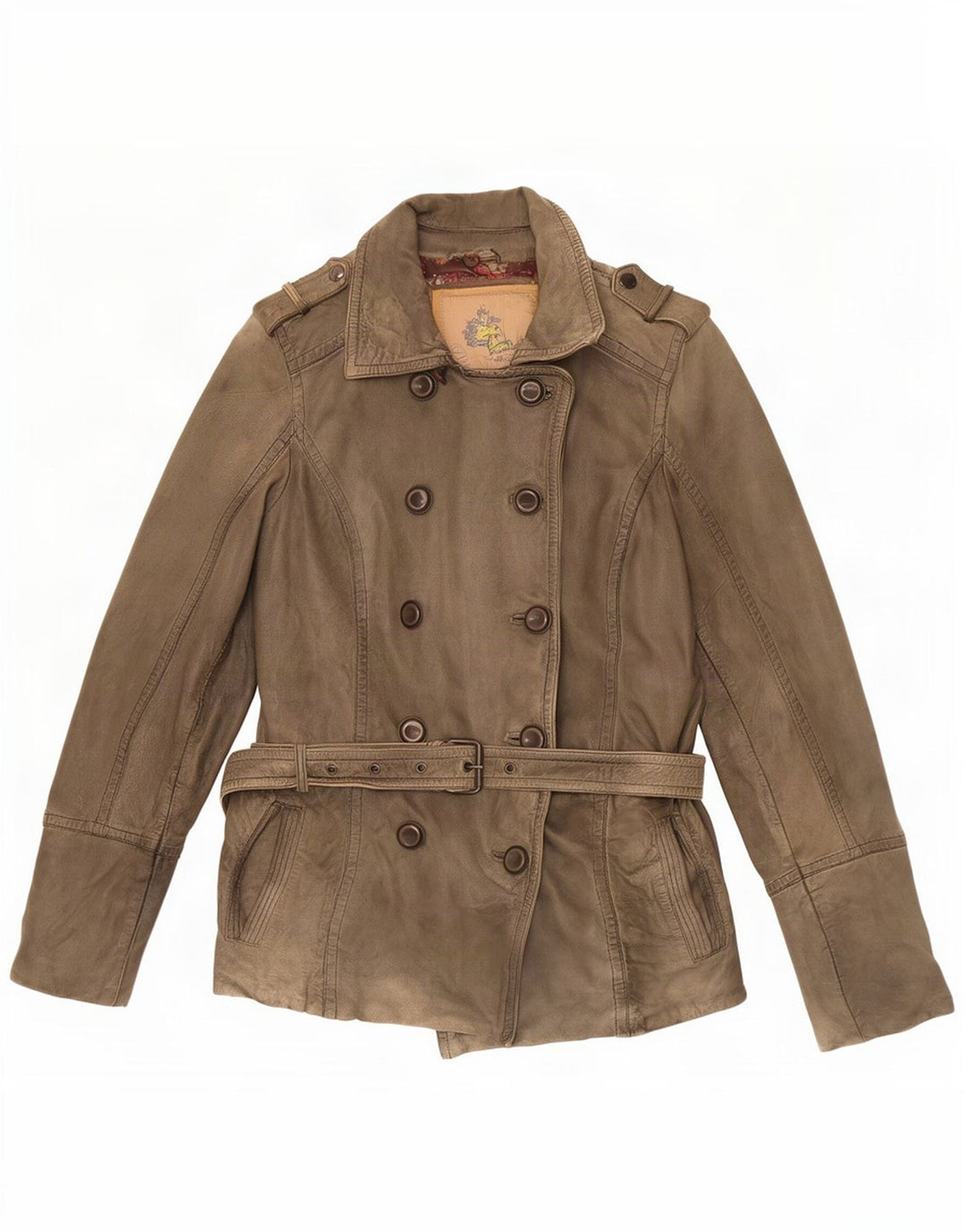 Vintage dame militær dobbeltradet læderjakke EU 38 Medium Khaki
