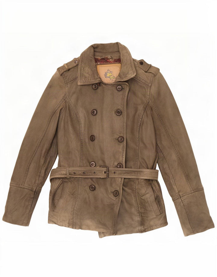 Vintage dame militær dobbeltradet læderjakke EU 38 Medium Khaki