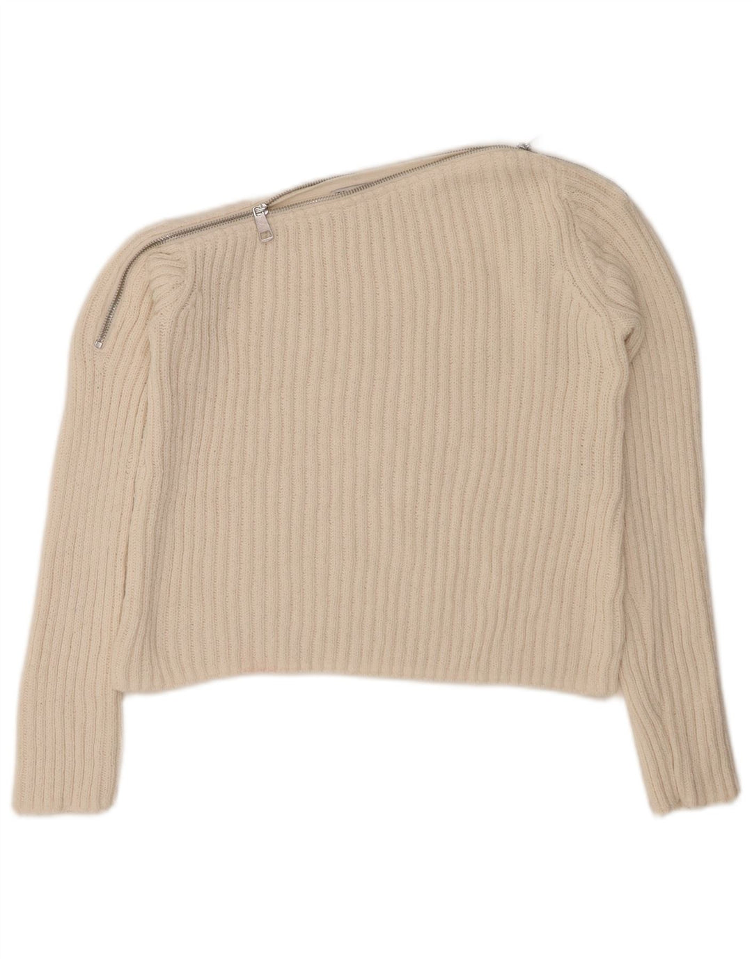 ZARA Womens Crop Boat Neck Jumper Sweater UK 12 Medium Off White Polyester