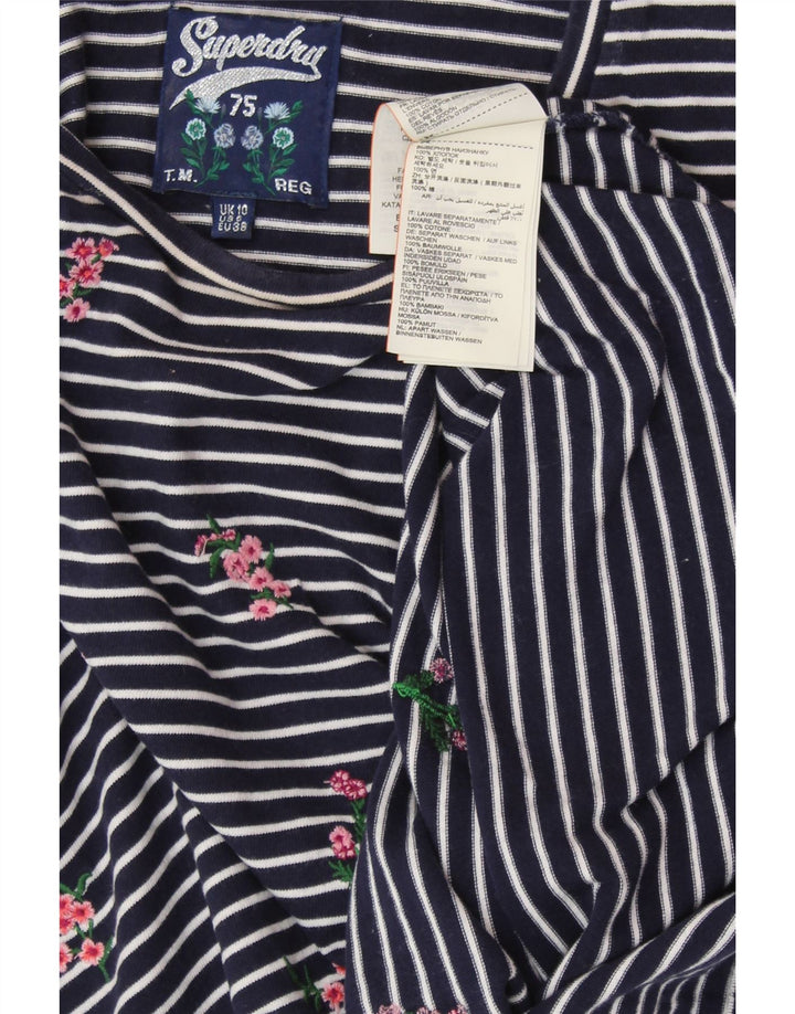SUPERDRY Dame Top Langærmet UK 10 Lille Marineblå Stribet Bomuld