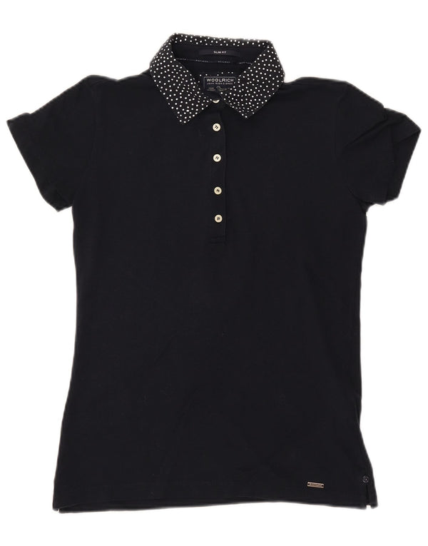 WOOLRICH Dame Slim Fit Polo Shirt UK 12 Mellem marineblå plettet bomuld