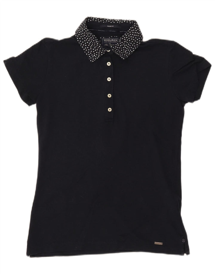 WOOLRICH Dame Slim Fit Polo Shirt UK 12 Mellem marineblå plettet bomuld
