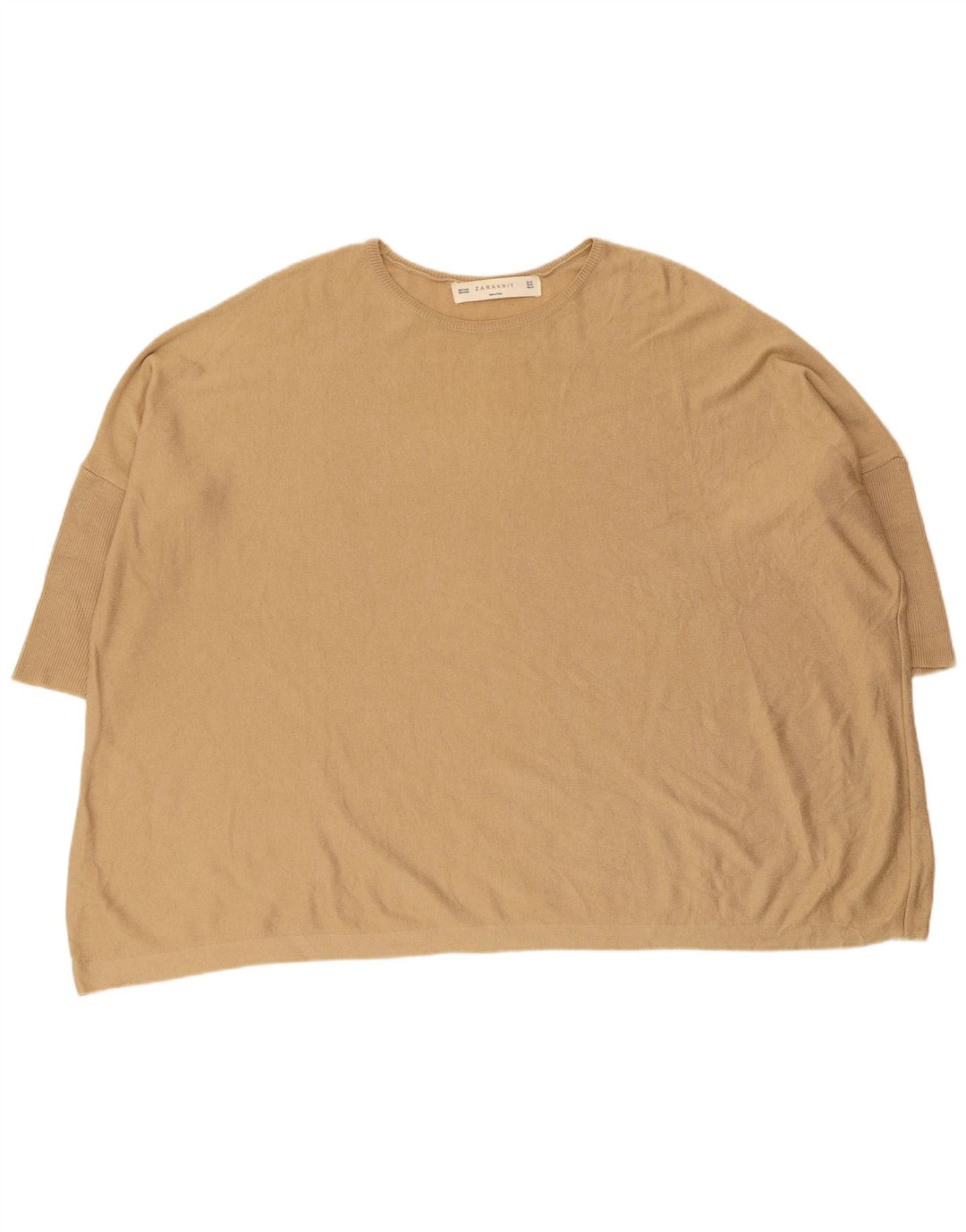 Zara Dame Kortærmet Jumper Sweater med rund hals UK 14 Medium Beige