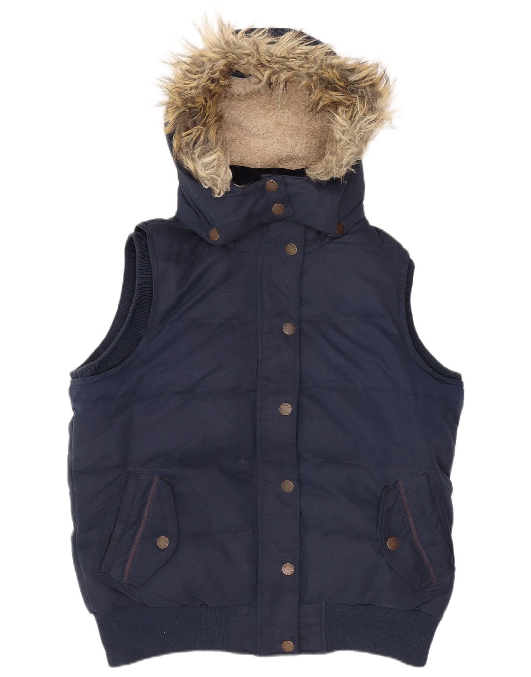 Fat Face Dame Hætte Polstret Gilet UK 12 Medium Navy Blue Polyester