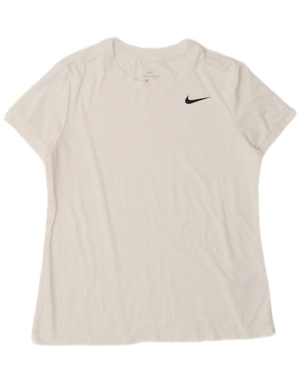 NIKE Dame Dri Fit T-Shirt Top UK 14 Medium White Polyester