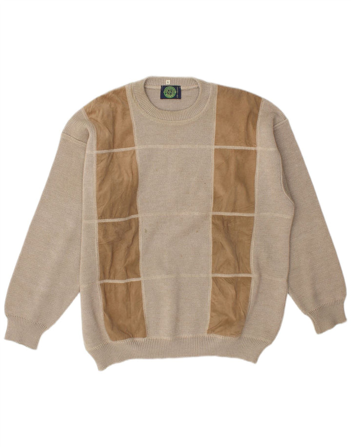 Vintage herre rund hals sweater stor grå stribet uld