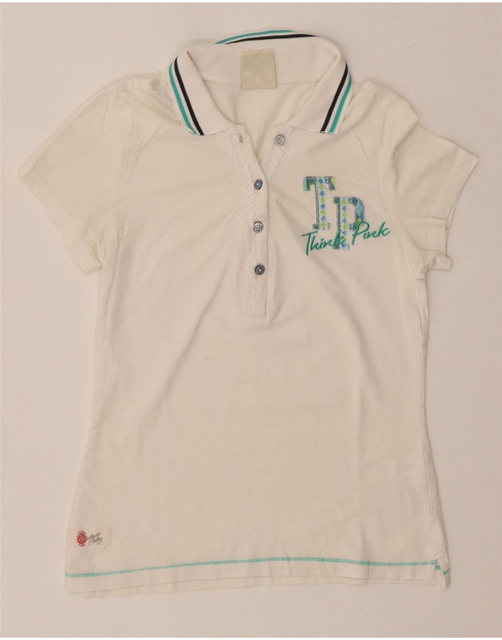 TÆNK PINK Grafisk poloshirt til kvinder UK 8 Lille hvid bomuld