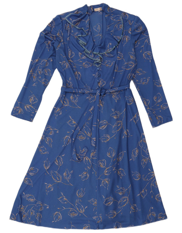 Vintage Dame Langærmet A-Line Kjole UK 16 Large Blue Floral