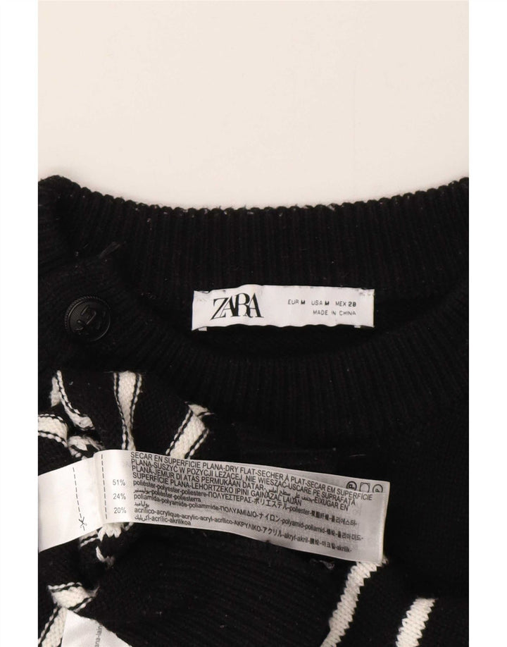 Zara Dame Boat Neck Jumper Sweater UK 14 Medium Sort Stribet Polyester