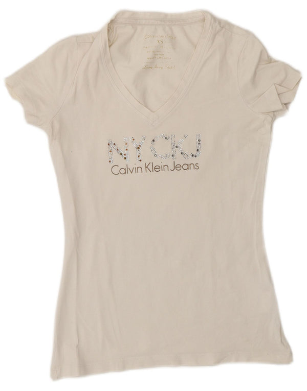 Calvin Klein Jeans Dame Grafisk T-Shirt Top UK 6 XS Hvid Bomuld