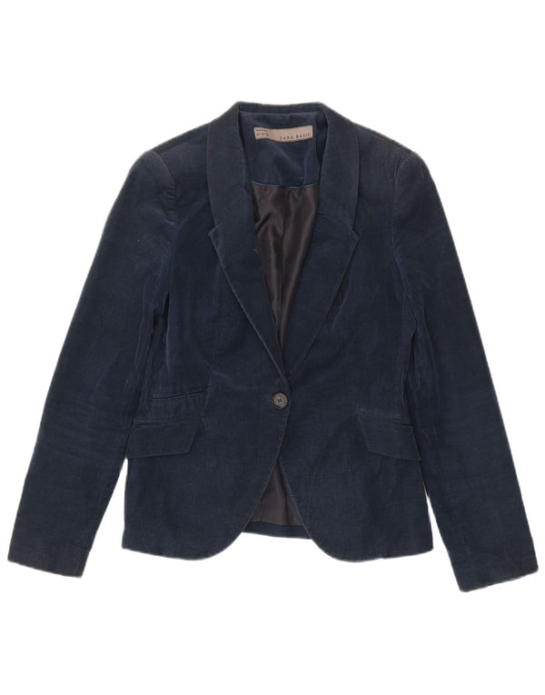 Zara Dame 1-knap Corduroy Blazer Jacket UK 12 Medium Navy Blue Bomuld