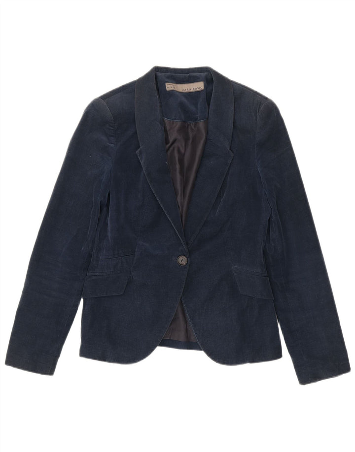 Zara Dame 1-knap Corduroy Blazer Jacket UK 12 Medium Navy Blue Bomuld