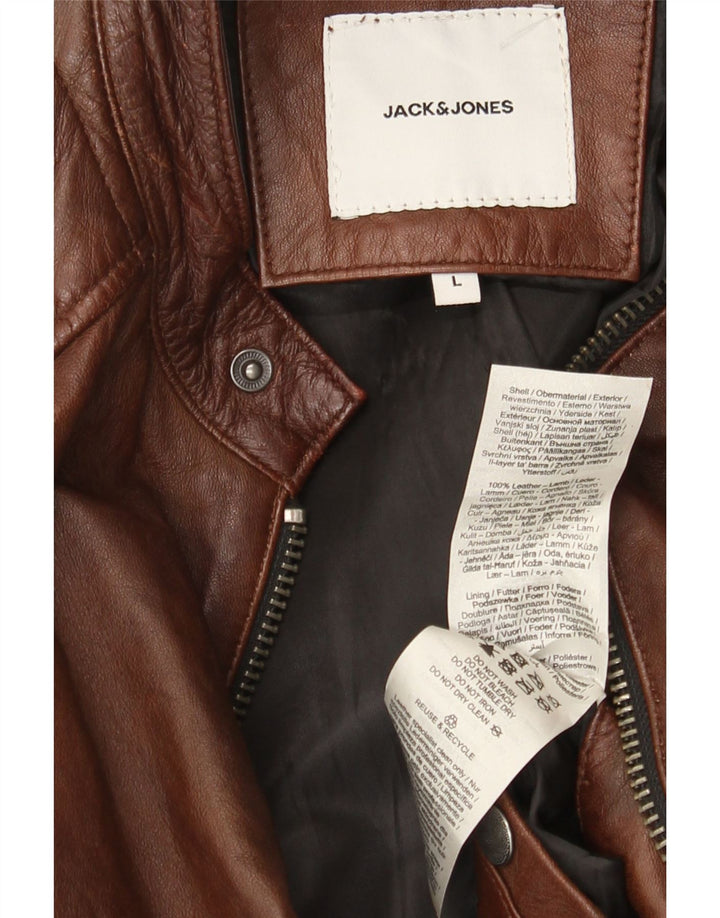 Jack & Jones Herre Læder Biker Jacket UK 40 Stor Brun Læder