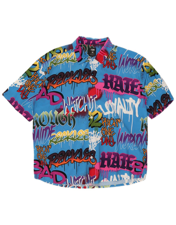 VINTAGE Herre Oversized grafisk kortærmet skjorte lille blå farveblok