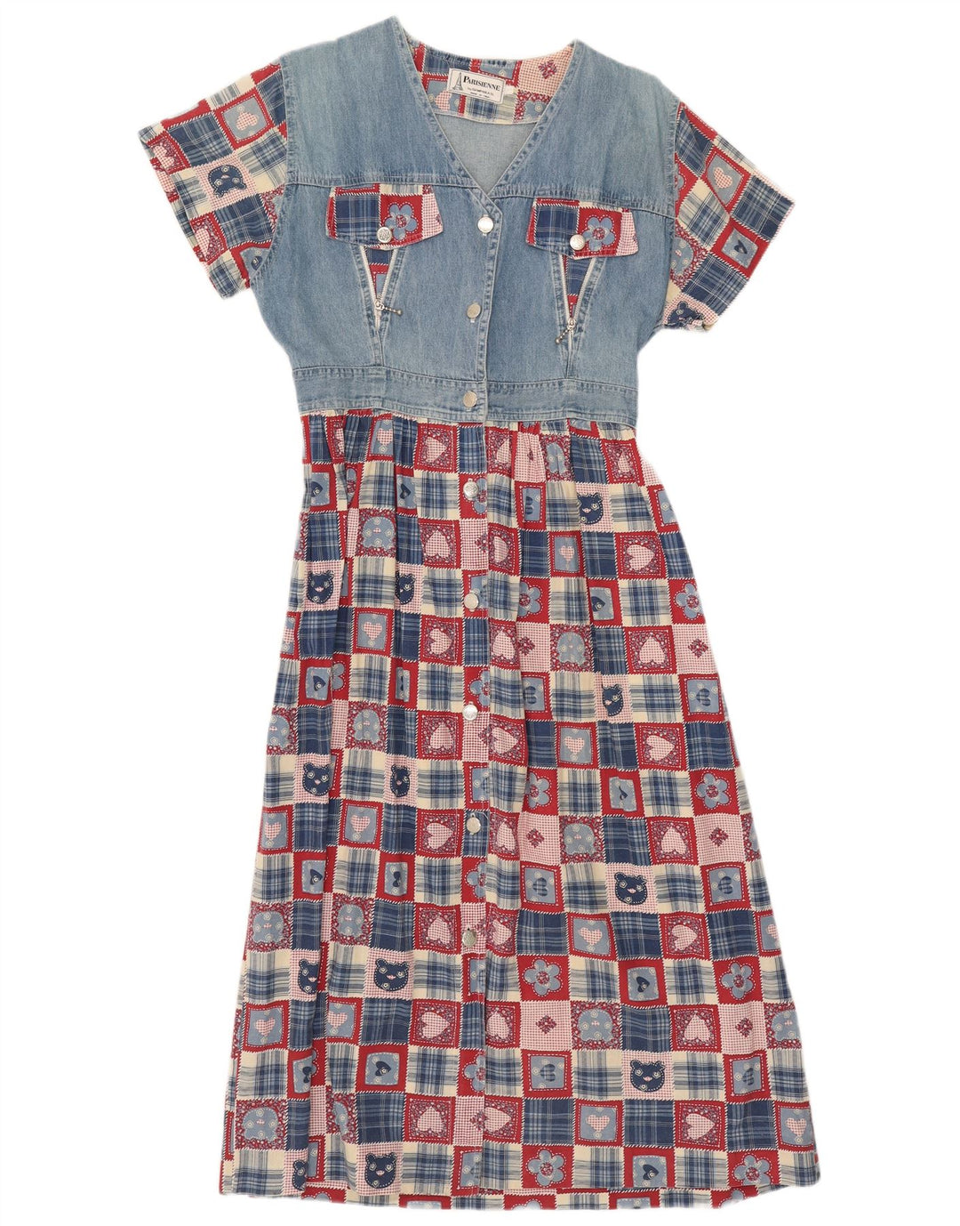 Vintage Dame A-Line Kjole UK 14 Large Blue Patchwork