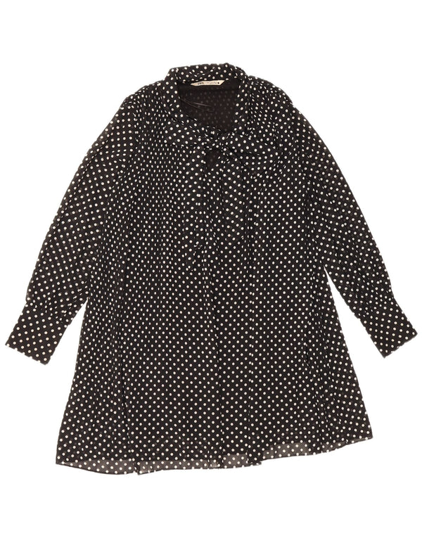 Zara Dame Langærmet Front Tie A-Line Kjole UK 14 Medium Black Polka Dot