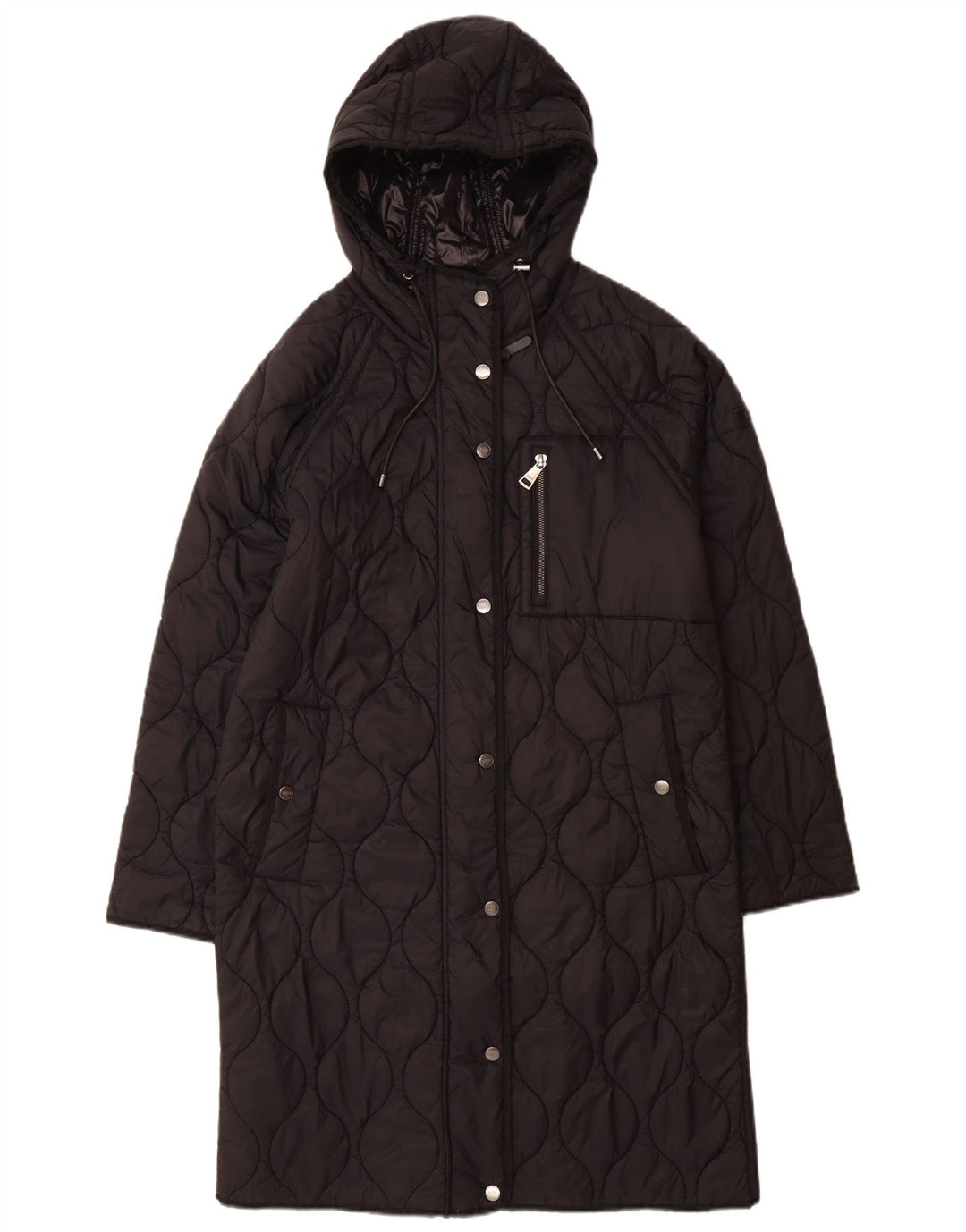 Dkny Dame Oversized Hætte Quiltet Overfrakke UK 10 Small Black Nylon