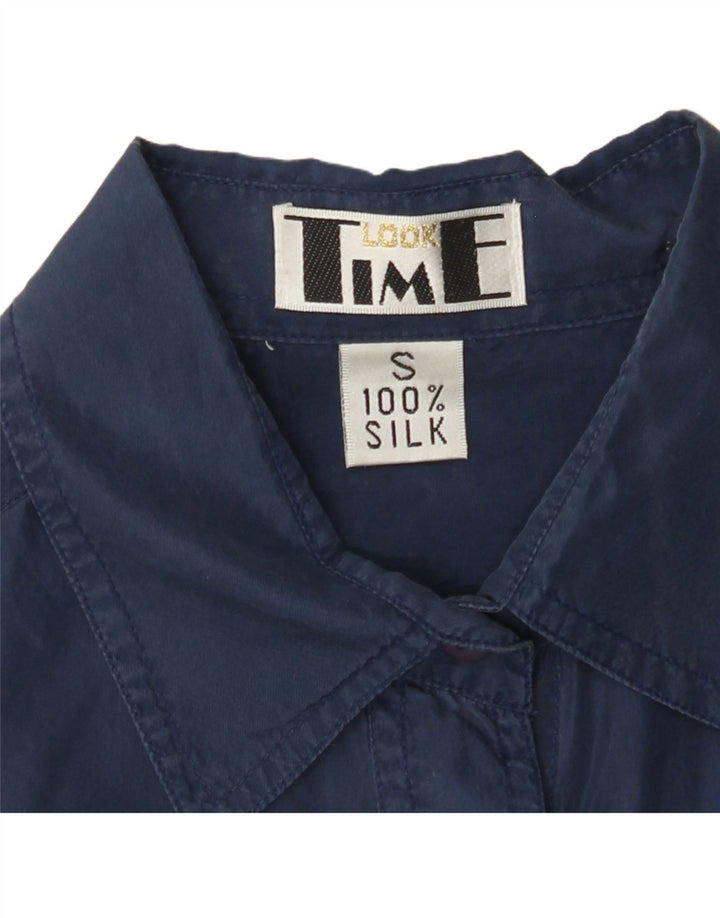VINTAGE Oversized skjorte til kvinder UK 10 Lille marineblå silke