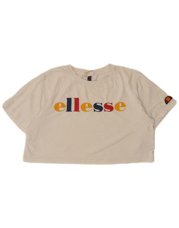 Ellesse Womens Crop Graphic T-Shirt Top UK 12 Medium White Bomuld