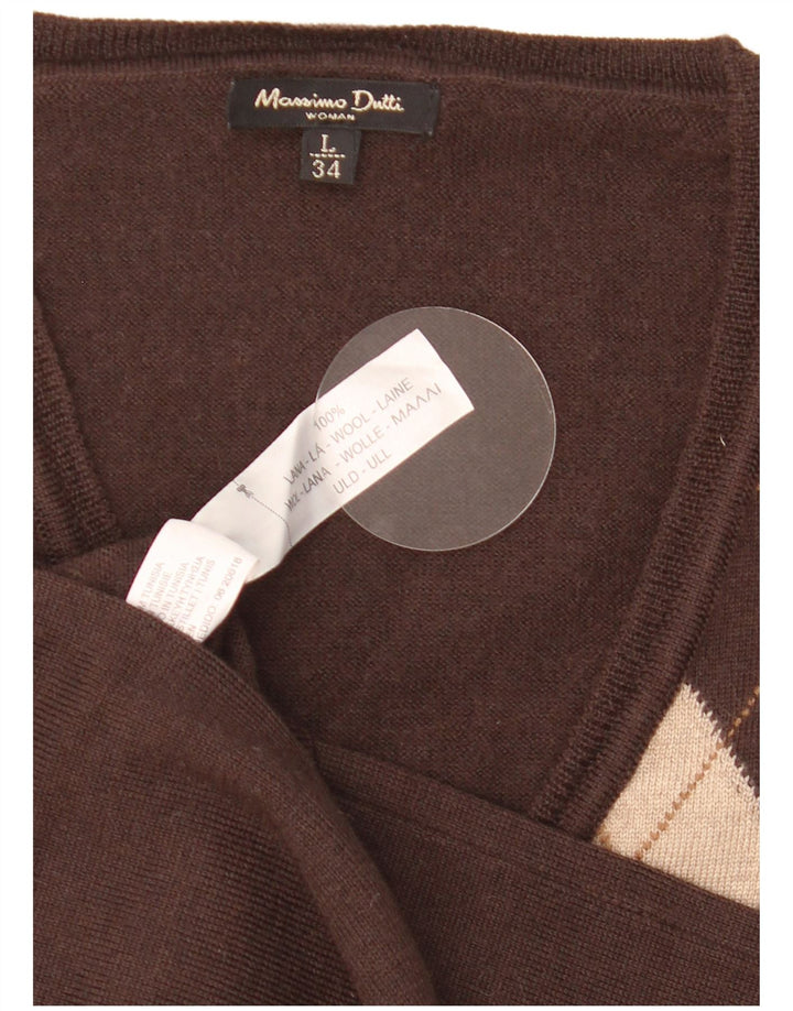 Massimo Dutti Dame V-hals Jumper Sweater UK 14 Large Brown Argyle/Diamond
