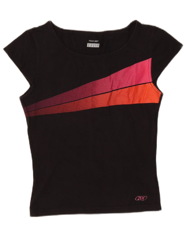 REEBOK Womens Crop T-Shirt Top UK 12 Medium Sort Colourblock Bomuld