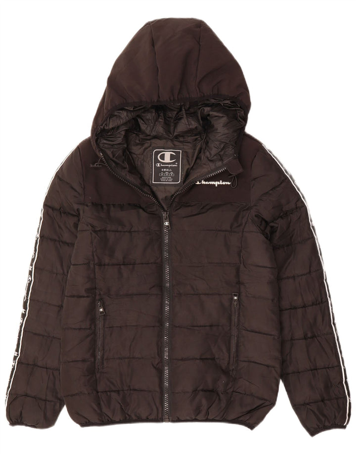 CHAMPION Mens Graphic Hooded Padded Jacket UK 36 Small Black Polyester