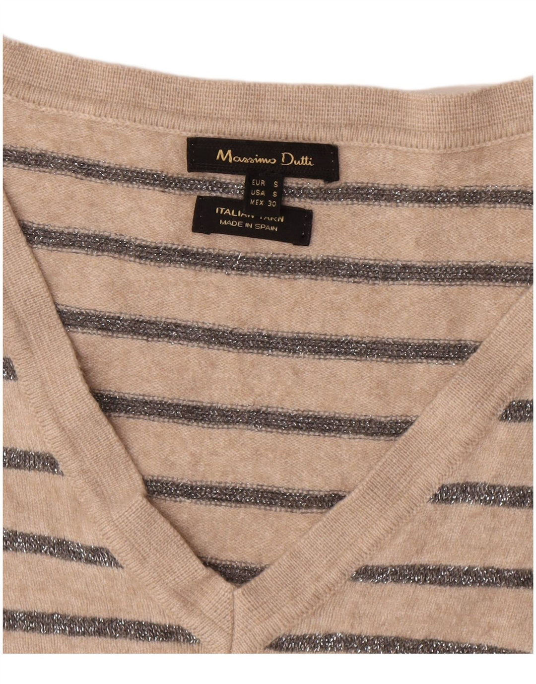 Massimo Dutti Dame V-hals Jumper Sweater UK 10 Lille Beige Stribet
