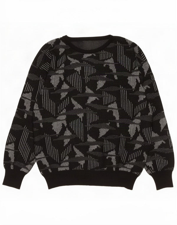 Vintage Dame Boat Neck Jumper Sweater EU 42 Large Black Geometric Acrylic