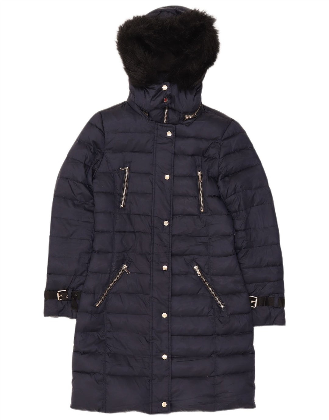 Zara Dame Hætte Polstret Frakke UK 10 Small Navy Blue Polyester