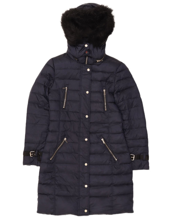 Zara Dame Hætte Polstret Frakke UK 10 Small Navy Blue Polyester