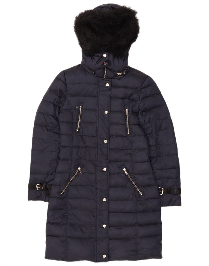 Zara Dame Hætte Polstret Frakke UK 10 Small Navy Blue Polyester