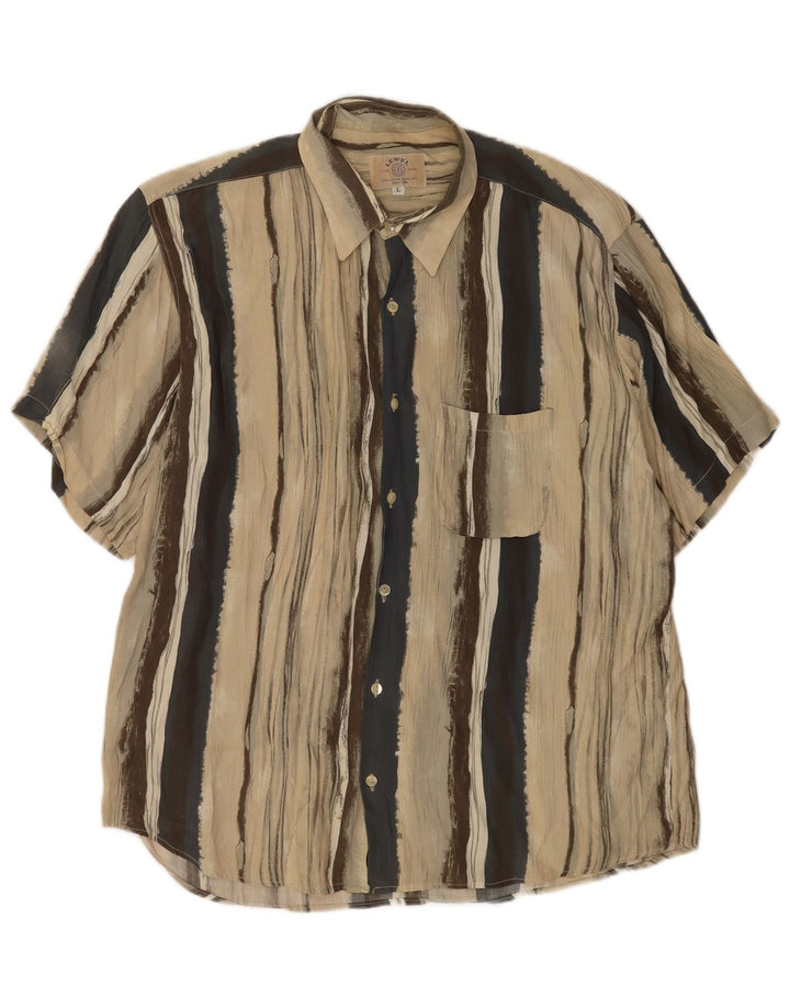 Vintage kortærmet herreskjorte stor beige stribet viskose